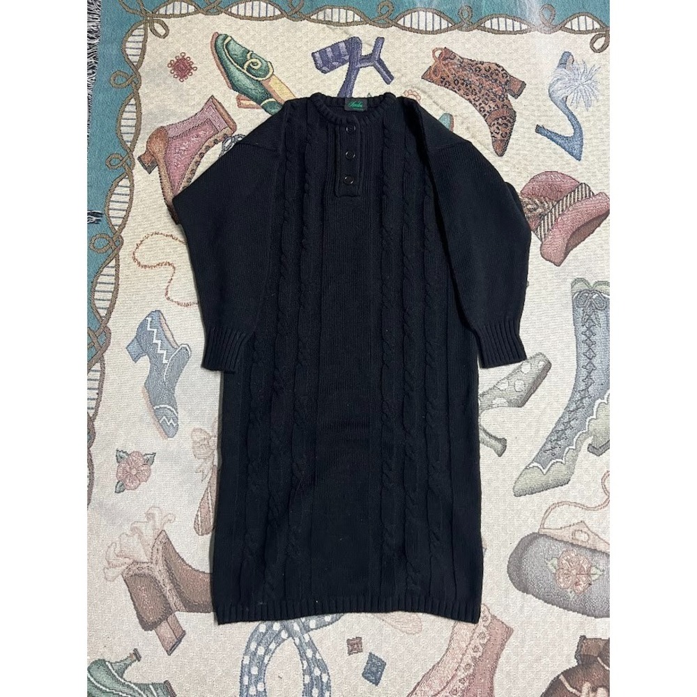 Amadia Italy Black Cable Knit Sweater Dress 3-Button Henley Size M